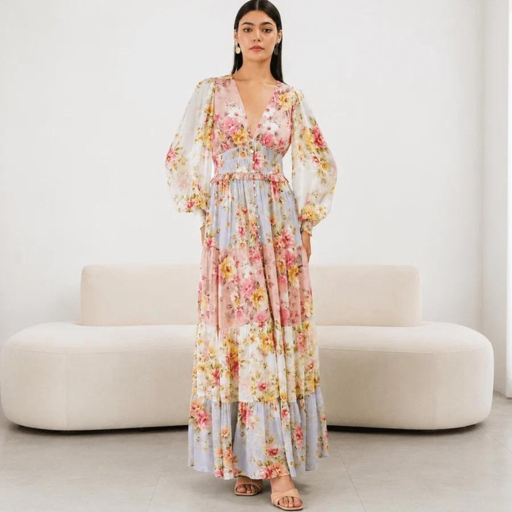 Yumi Kim Frida Maxi Dress Floral Dazzling Garden Tiered Long Sleeve Size Medium